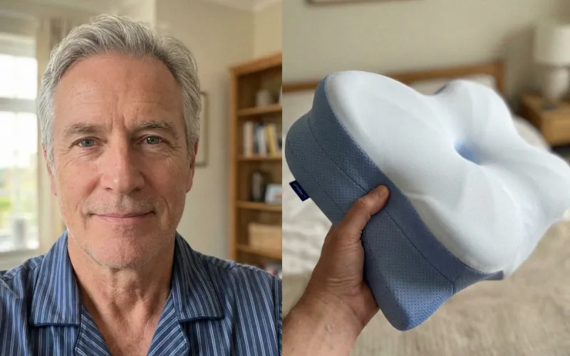 Smiling older man beside a hand holding the Derila Ergo pillow