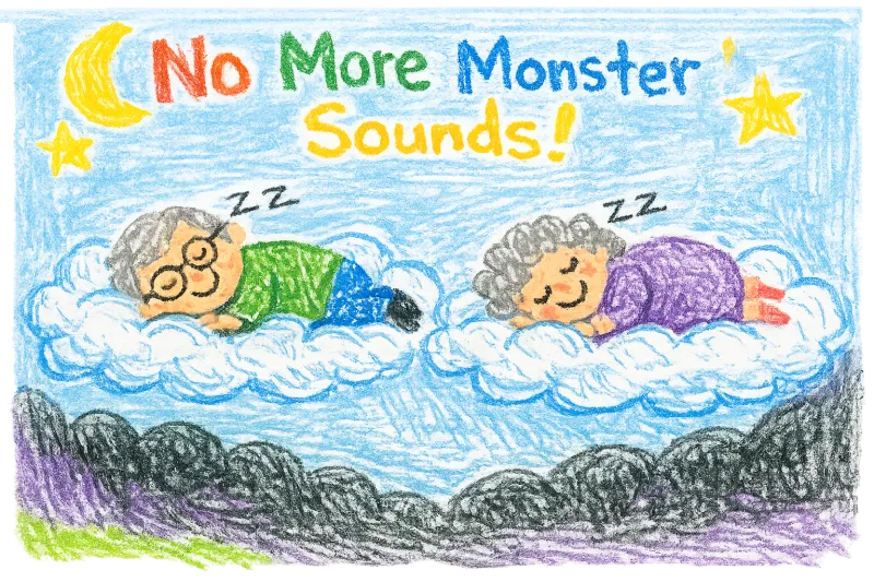 Child's crayon drawing of Grandpa and Grandma sleeping on clouds