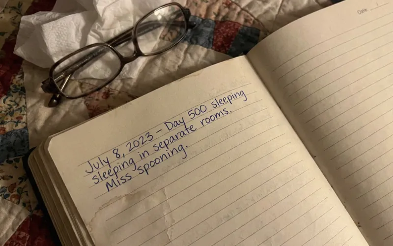 A handwritten journal entry about sleeping in separate rooms