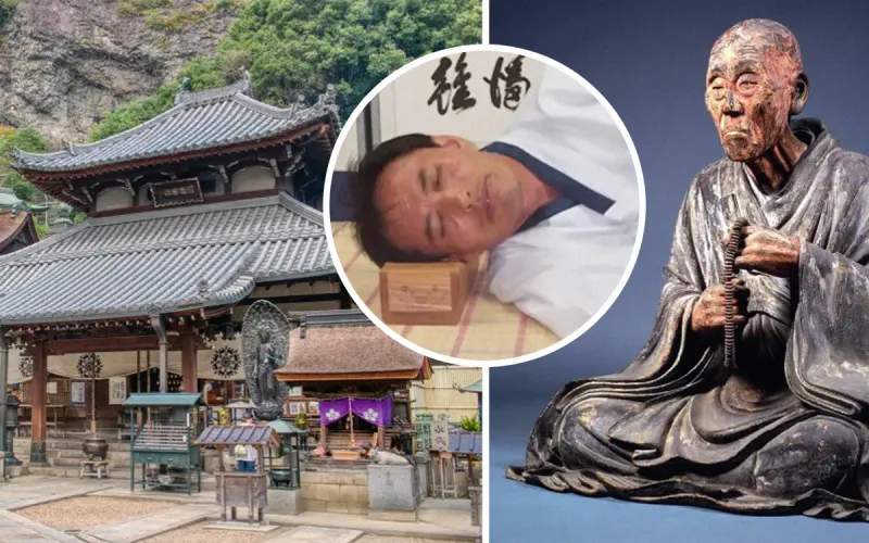 Japanese temple, man sleeping and ancient statue collage