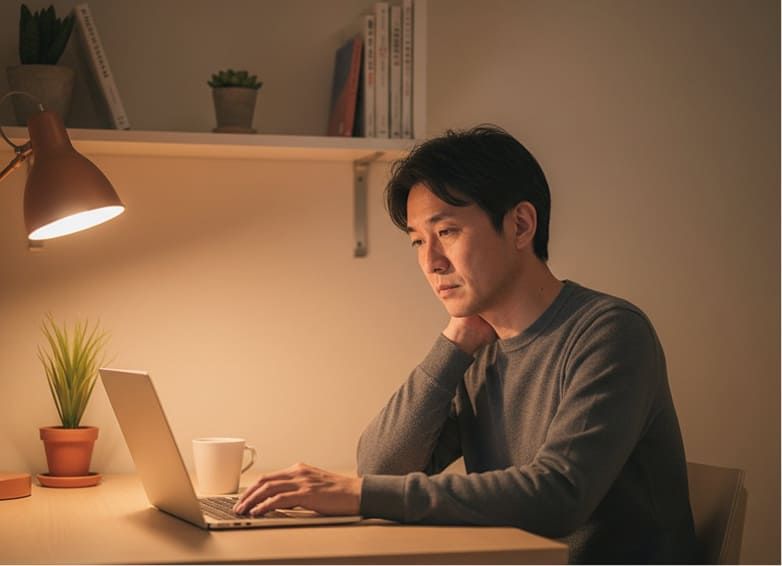 ベッドの端に座り首をさする人